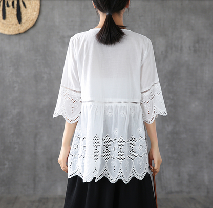 Hollow Summer Women Casual Blouse Cotton Shirts Tops DZA2007202 VPPBUY shop