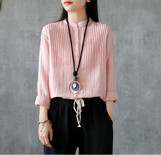 Pleated Chest Summer Women Casual Blouse Cotton Linen Shirts  Women Tops DZA2005248 VPPBUY shop