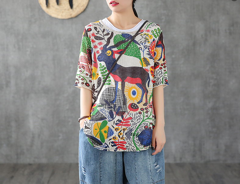 Patterned Summer Women Casual Blouse Cotton Linen Shirts Tops DZA2007132 VPPBUY shop