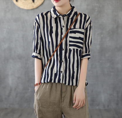 Striped Summer Women Casual Blouse Cotton  Linen Shirts Tops DZA2007192 VPPBUY shop