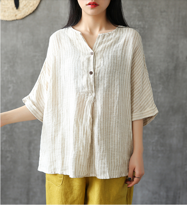 Stripes Summer Women Casual Blouse Cotton Linen Shirts Women Tops DZA2005241 VPPBUY shop