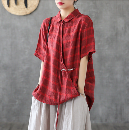 Plaid Summer Women Casual Blouse Linen Shirts Tops DZA2007201 VPPBUY shop