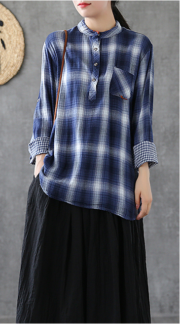 Plaid Women Casual Blouse Cotton Linen Shirts Tops DZA200864 VPPBUY shop