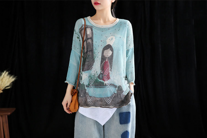 Knitted Patterned Women Casual Blouse Cotton Linen Shirts Tops DZA2007134 VPPBUY shop