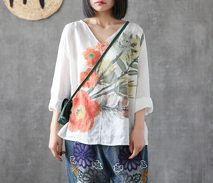 Flower Print Long Sleeve V Neck Linen Shirts Summer Women Tops DZA2005317 VPPBUY shop