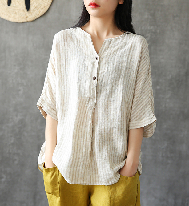 Stripes Summer Women Casual Blouse Cotton Linen Shirts Women Tops DZA2005241 VPPBUY shop