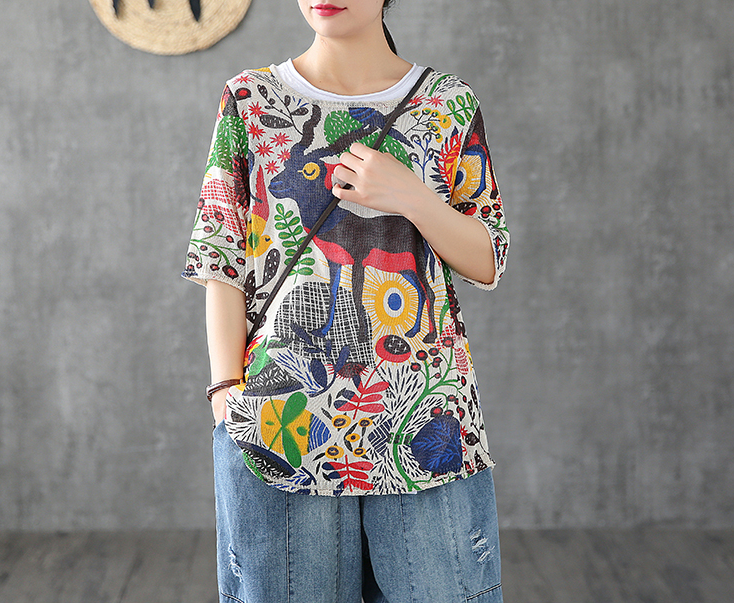 Patterned Summer Women Casual Blouse Cotton Linen Shirts Tops DZA2007132 VPPBUY shop