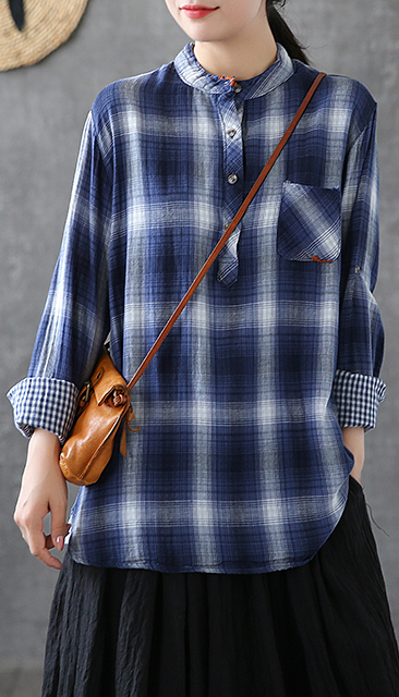 Plaid Women Casual Blouse Cotton Linen Shirts Tops DZA200864 VPPBUY shop