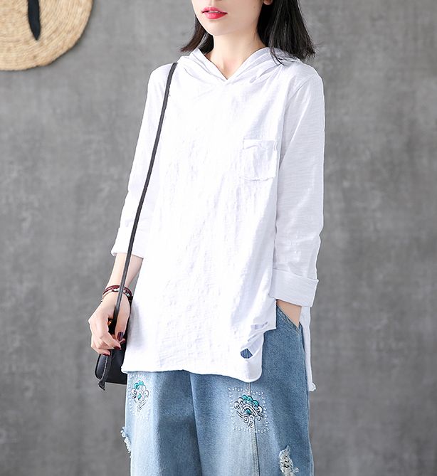 Hooded Length Sleeve Summer Women Casual Blouse Cotton Linen Shirts  Women Tops DZA2005314 VPPBUY shop