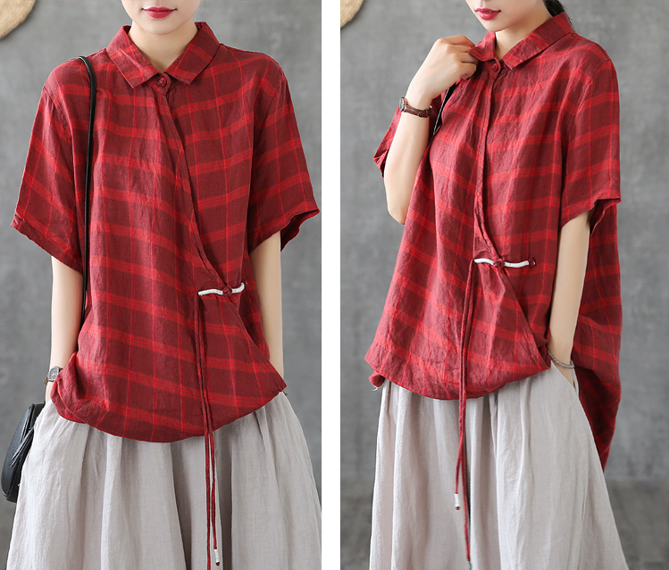 Plaid Summer Women Casual Blouse Linen Shirts Tops DZA2007201 VPPBUY shop