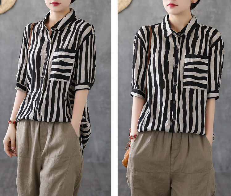 Striped Summer Women Casual Blouse Cotton  Linen Shirts Tops DZA2007192 VPPBUY shop