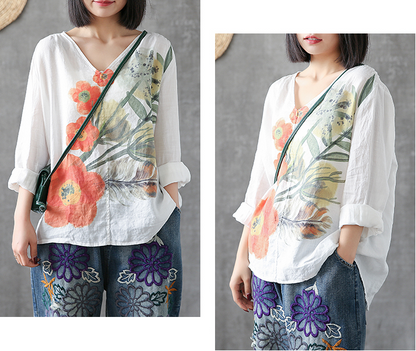 Flower Print Long Sleeve V Neck Linen Shirts Summer Women Tops DZA2005317 VPPBUY shop