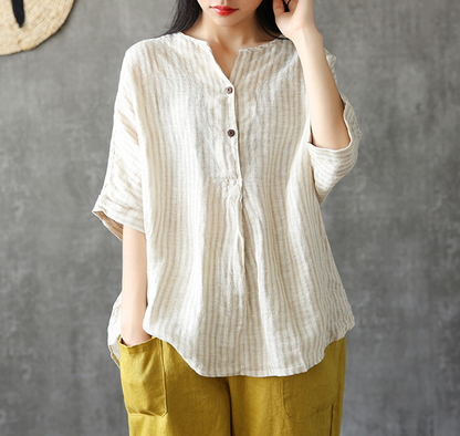 Stripes Summer Women Casual Blouse Cotton Linen Shirts Women Tops DZA2005241 VPPBUY shop