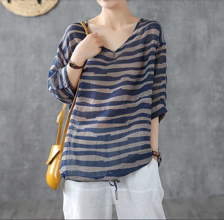 Striped Summer Women Casual Blouse Cotton  Linen Shirts Tops DZA2007191 VPPBUY shop