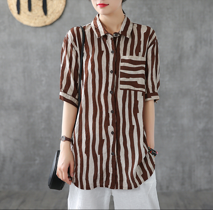 Striped Summer Women Casual Blouse Cotton  Linen Shirts Tops DZA2007192 VPPBUY shop