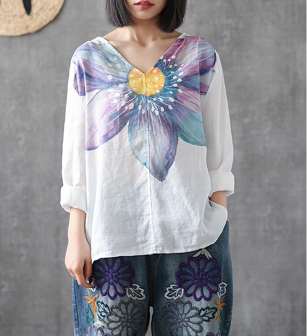 Flower Print Long Sleeve V Neck Linen Shirts Summer Women Tops DZA2005317 VPPBUY shop