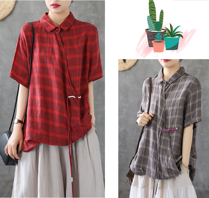 Plaid Summer Women Casual Blouse Linen Shirts Tops DZA2007201 VPPBUY shop