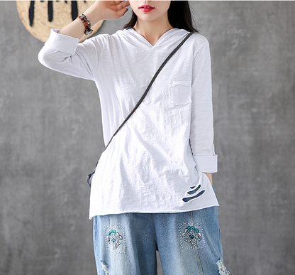 Hooded Length Sleeve Summer Women Casual Blouse Cotton Linen Shirts  Women Tops DZA2005314 VPPBUY shop