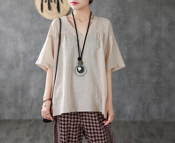 Short Sleeve Summer Women Casual Blouse Linen Shirts Tops DZA2006134 VPPBUY shop