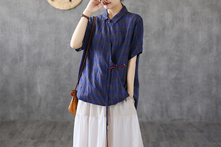 Plaid Summer Women Casual Blouse Linen Shirts Tops DZA2007201 VPPBUY shop