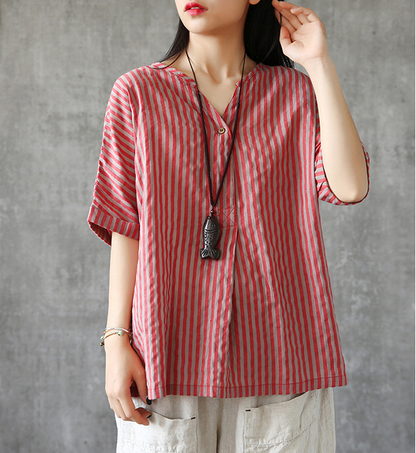 Half Sleeve Summer Women Casual Top Blouses Tops Cotton Linen Shirts  DZA2005247 VPPBUY shop