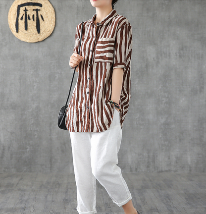 Striped Summer Women Casual Blouse Cotton  Linen Shirts Tops DZA2007192 VPPBUY shop