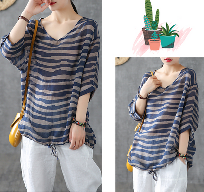 Striped Summer Women Casual Blouse Cotton  Linen Shirts Tops DZA2007191 VPPBUY shop