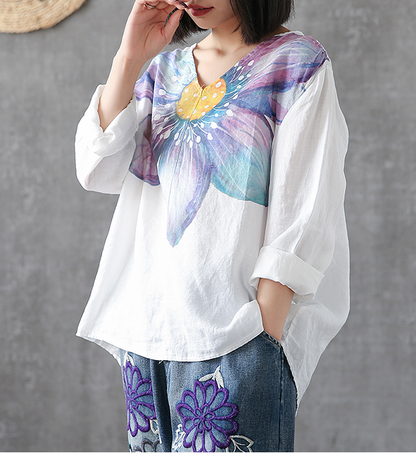 Flower Print Long Sleeve V Neck Linen Shirts Summer Women Tops DZA2005317 VPPBUY shop