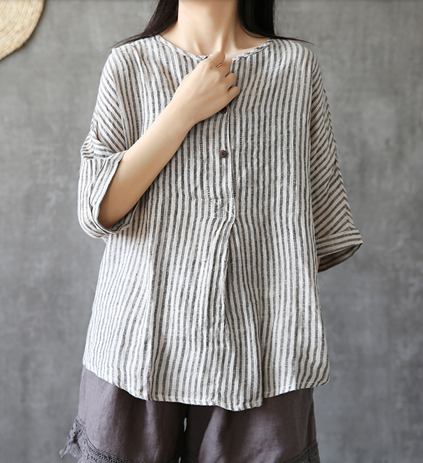 Stripes Summer Women Casual Blouse Cotton Linen Shirts Women Tops DZA2005241 VPPBUY shop