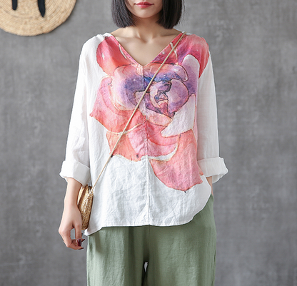 Flower Print Long Sleeve V Neck Linen Shirts Summer Women Tops DZA2005317 VPPBUY shop