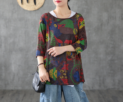 Patterned Summer Women Casual Blouse Cotton Linen Shirts Tops DZA2007132 VPPBUY shop