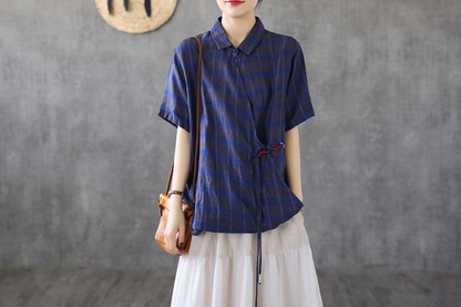 Plaid Summer Women Casual Blouse Linen Shirts Tops DZA2007201 VPPBUY shop