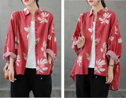 Printed Women Casual Blouse Linen Shirts Tops DZA2008232 VPPBUY shop