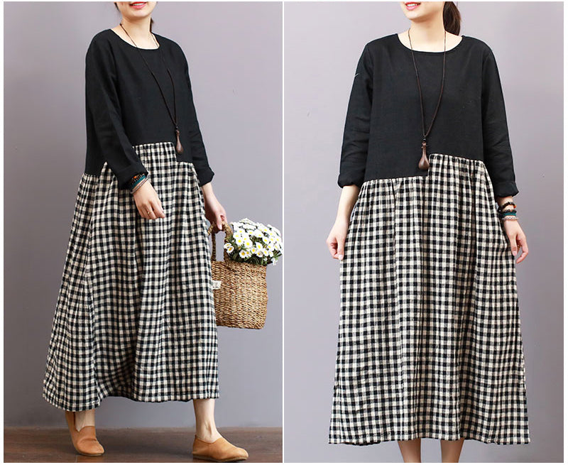 patch Work Cotton Linen Dresses Women Long Dresses Long Sleeve VPPBUY shop