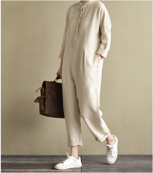 Loose Style Cotton Linen Jumpsuit Women linen  Dresses Long Sleeve VPPBUY shop