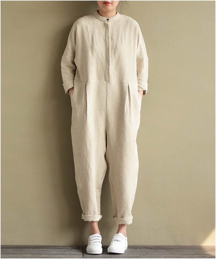 Loose Style Cotton Linen Jumpsuit Women linen  Dresses Long Sleeve VPPBUY shop