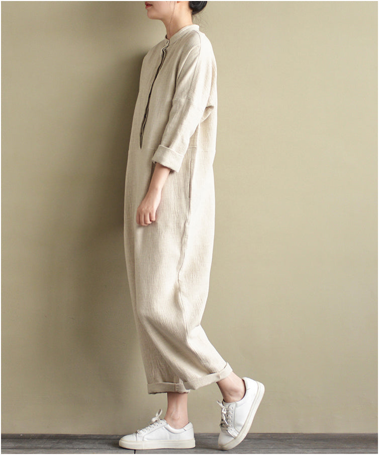 Loose Style Cotton Linen Jumpsuit Women linen  Dresses Long Sleeve VPPBUY shop