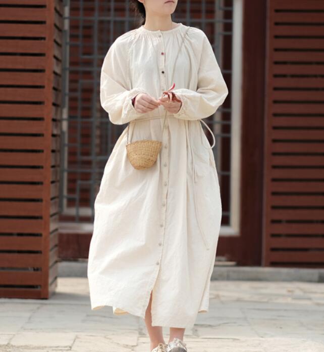 White Linen Long Sleeve Dress Loose Women Dress SJP9201229 VPPBUY shop