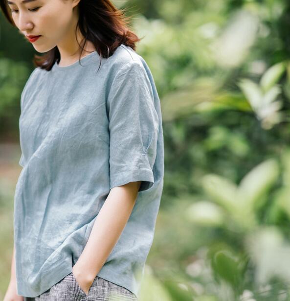 Blue Women Casual Linen Blouse Summer Women Tops JJ961707 VPPBUY shop