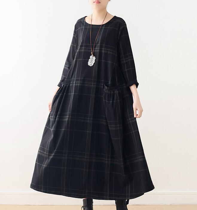 Plaid Spring Cotton Linen Loose Long Dresses Plus Size AMT962328 VPPBUY shop