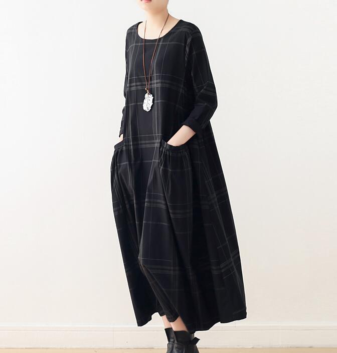 Plaid Spring Cotton Linen Loose Long Dresses Plus Size AMT962328 VPPBUY shop