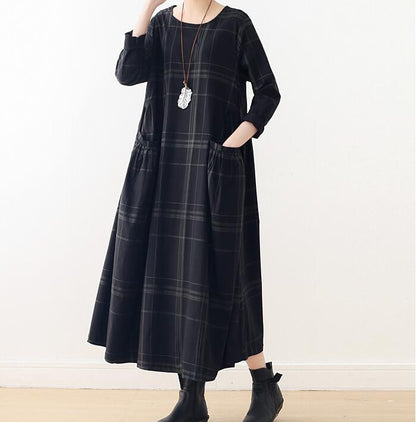 Plaid Spring Cotton Linen Loose Long Dresses Plus Size AMT962328 VPPBUY shop