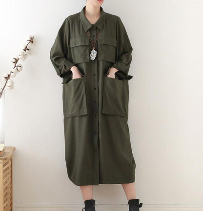 Army Green Buttons Spring Cotton Loose Long Dresses Plus Size AMT962328 VPPBUY shop