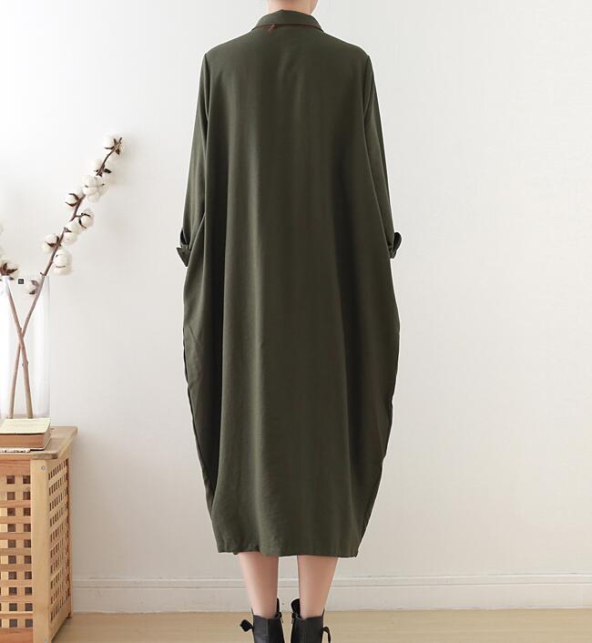 Army Green Buttons Spring Cotton Loose Long Dresses Plus Size AMT962328 VPPBUY shop