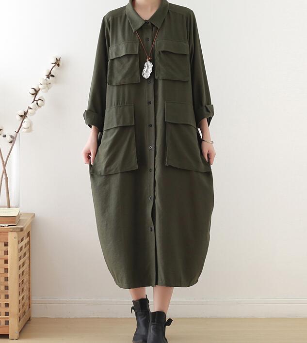 Army Green Buttons Spring Cotton Loose Long Dresses Plus Size AMT962328 VPPBUY shop