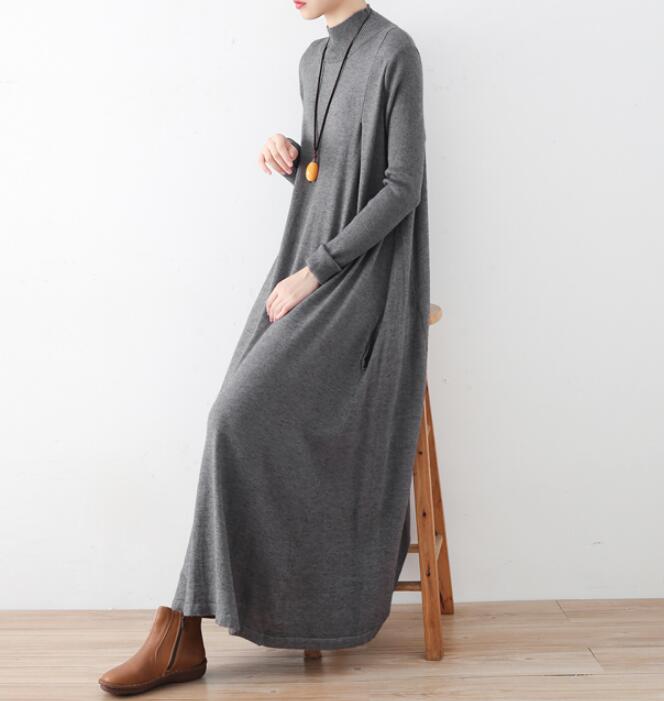 High Collar Loose Cotton Knit Long Dresses Plus Size AMT962328 VPPBUY shop