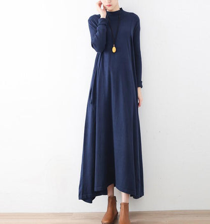 High Collar Loose Cotton Knit Long Dresses Plus Size AMT962328 VPPBUY shop