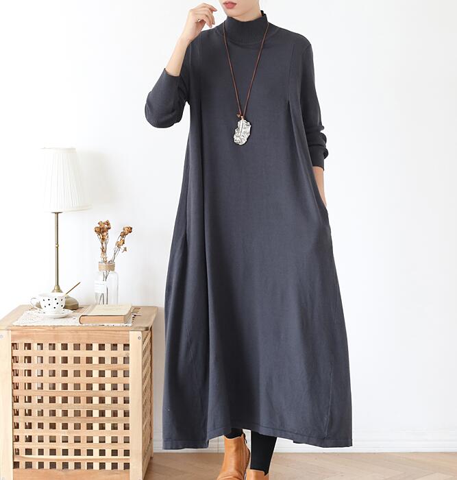 High Collar Loose Cotton Knit Long Dresses Plus Size AMT962328 VPPBUY shop