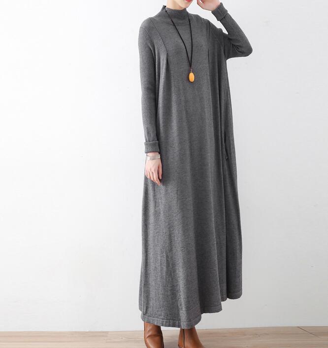 High Collar Loose Cotton Knit Long Dresses Plus Size AMT962328 VPPBUY shop