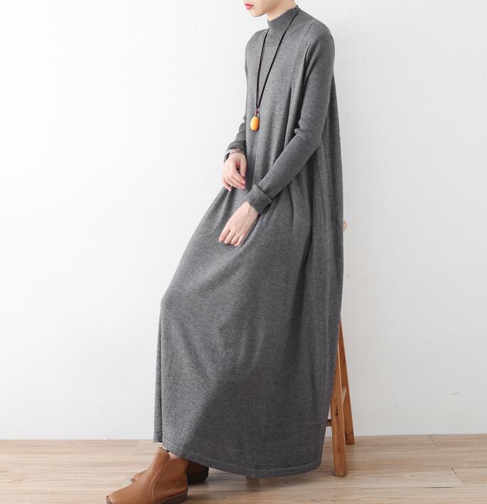 High Collar Loose Cotton Knit Long Dresses Plus Size AMT962328 VPPBUY shop